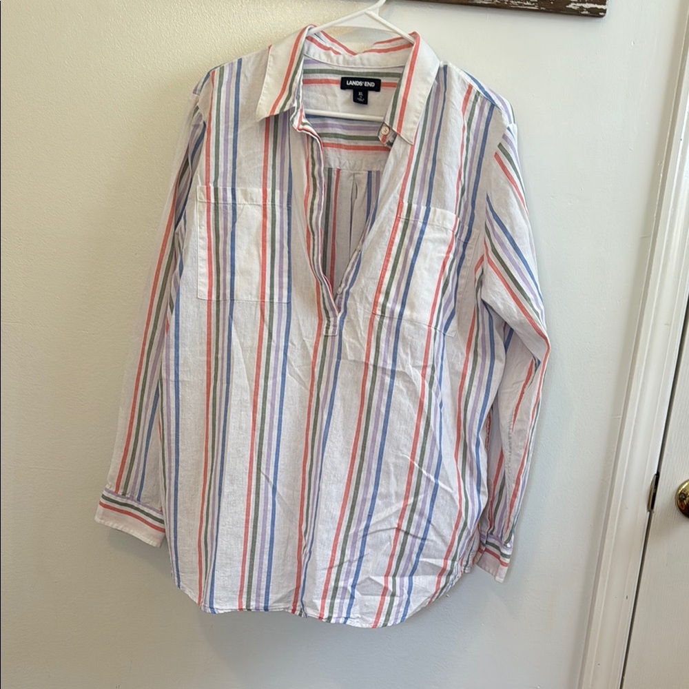 Lands' End Casual Button Down Shirt White and Red
